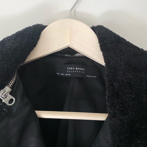 Zara Black Faux Fur Leather Aviator Cropped Jacket Size Large - Picture 6 of 11